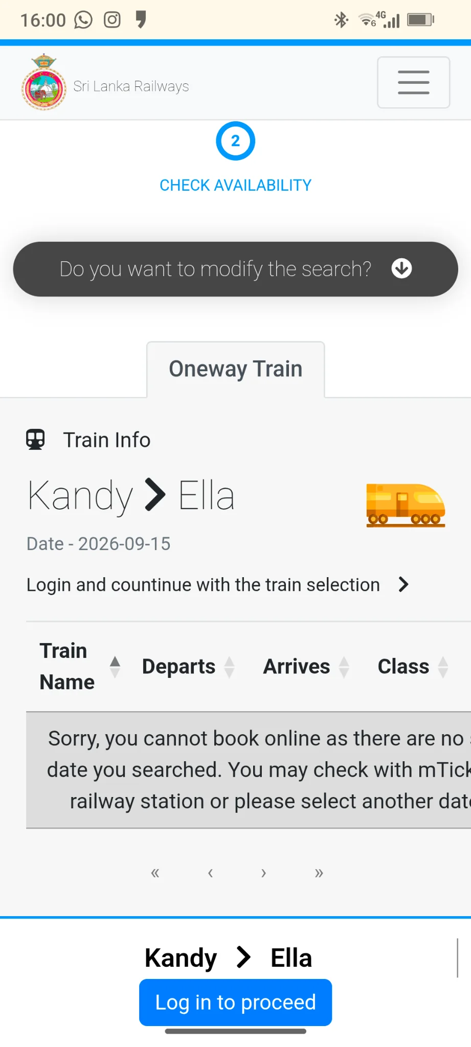 Offizielle mobile Verfügbarkeitsseite von Sri Lanka Railways ohne Online-Buchungsangebot für Kandy nach Ella am gewählten Datum
